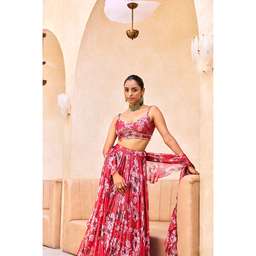 SANYA GULATI Pink Floral Print Stitched Blouse & Lehenga with Dupatta (Set of 3)