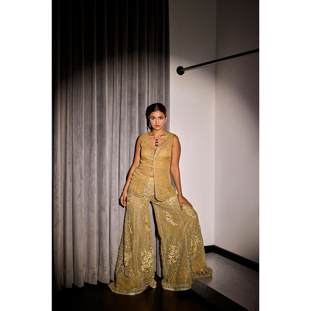SANYA GULATI Gold Embroidered Palazzo Pants & Top (Set of 2)