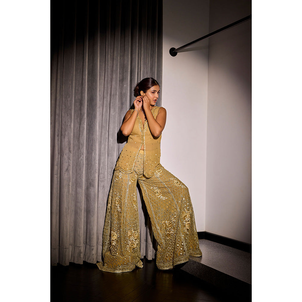 SANYA GULATI Gold Embroidered Palazzo Pants & Top (Set of 2)