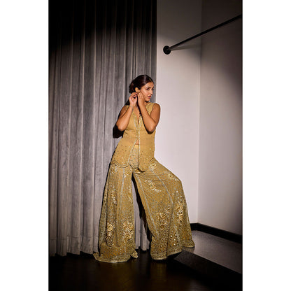SANYA GULATI Gold Embroidered Palazzo Pants & Top (Set of 2)