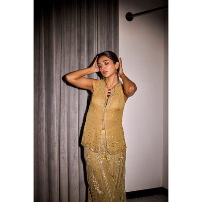 SANYA GULATI Gold Embroidered Palazzo Pants & Top (Set of 2)