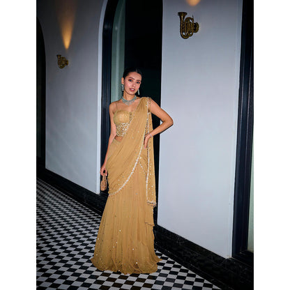 SANYA GULATI Gold Sequins Tiered Saree & Corset Stitched Blouse