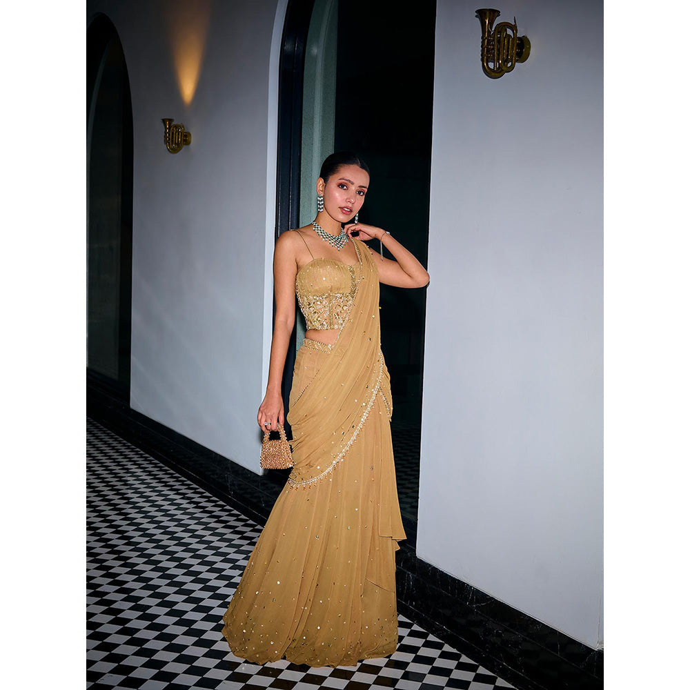 SANYA GULATI Gold Sequins Tiered Saree & Corset Stitched Blouse