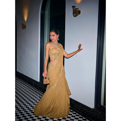 SANYA GULATI Gold Sequins Tiered Saree & Corset Stitched Blouse