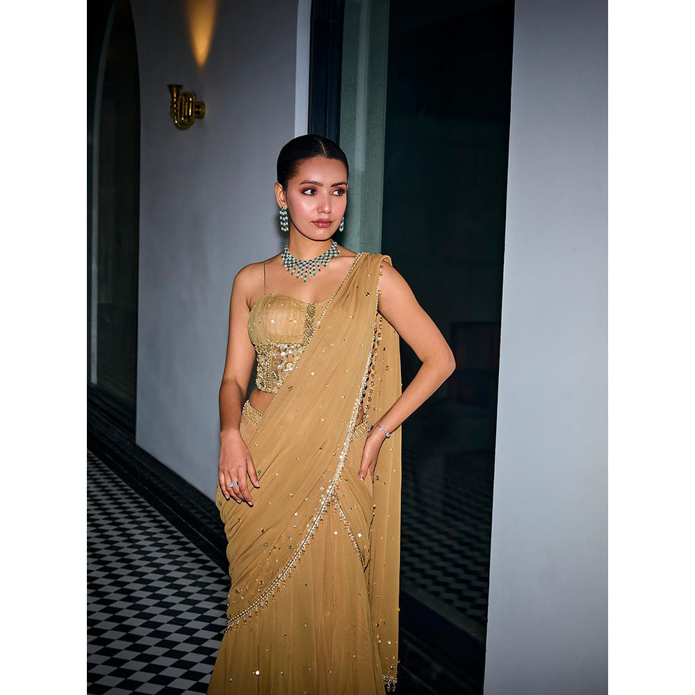 SANYA GULATI Gold Sequins Tiered Saree & Corset Stitched Blouse