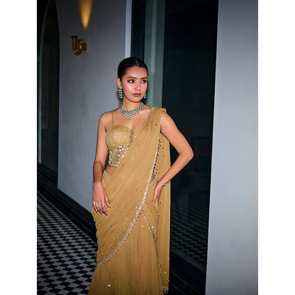 SANYA GULATI Gold Sequins Tiered Saree & Corset Stitched Blouse