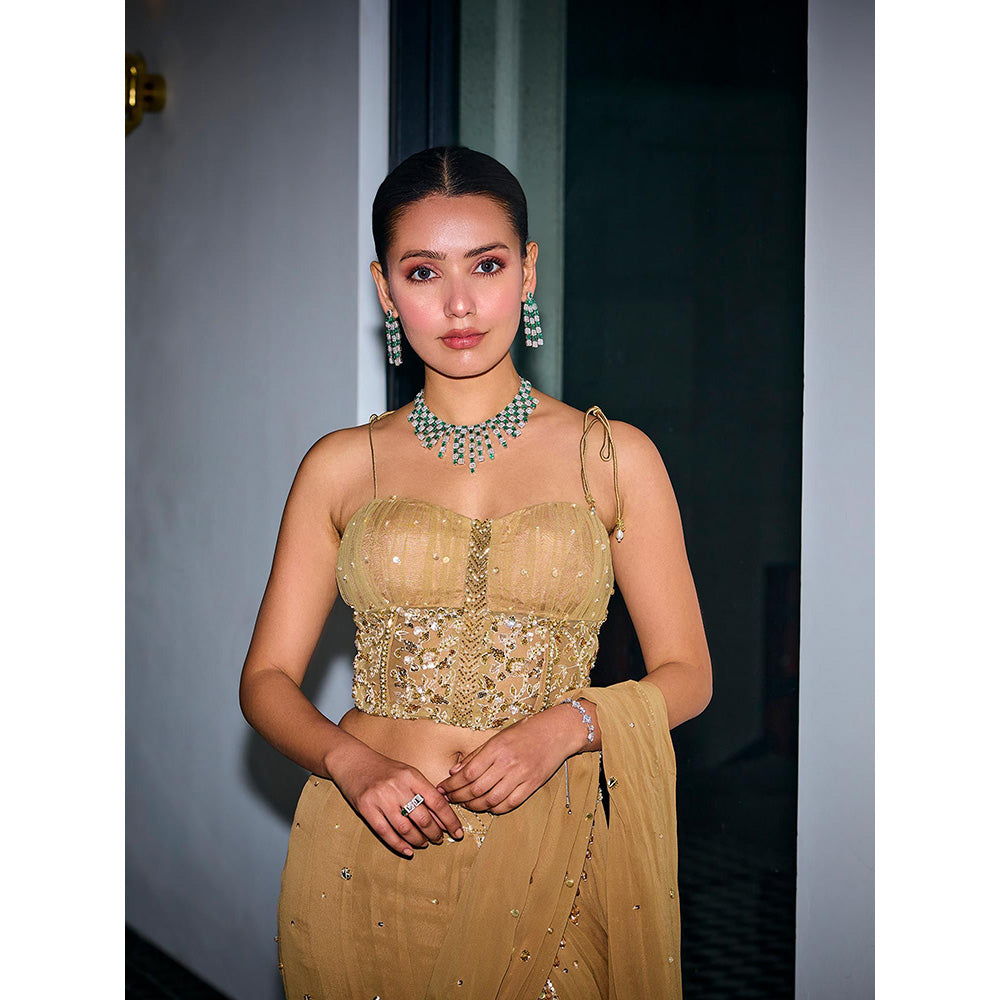 SANYA GULATI Gold Sequins Tiered Saree & Corset Stitched Blouse