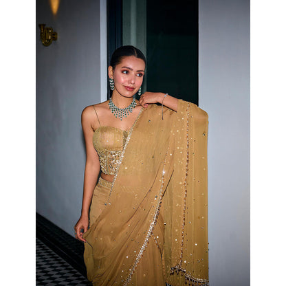 SANYA GULATI Gold Sequins Tiered Saree & Corset Stitched Blouse