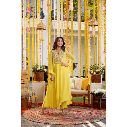SANYA GULATI Sunshine Yellow Asymmetric Long Kurta with Pants (Set of 2)