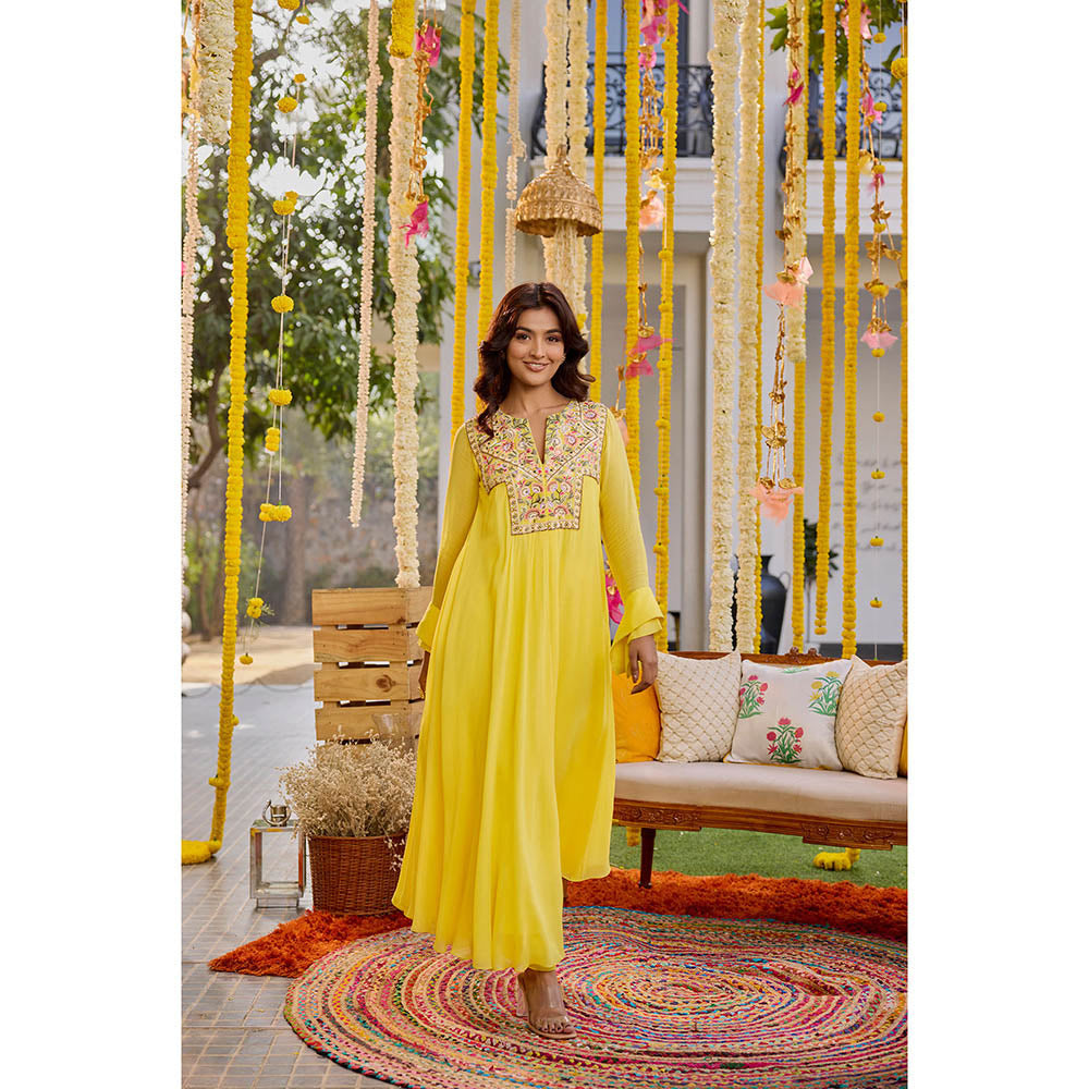 SANYA GULATI Sunshine Yellow Asymmetric Long Kurta with Pants (Set of 2)