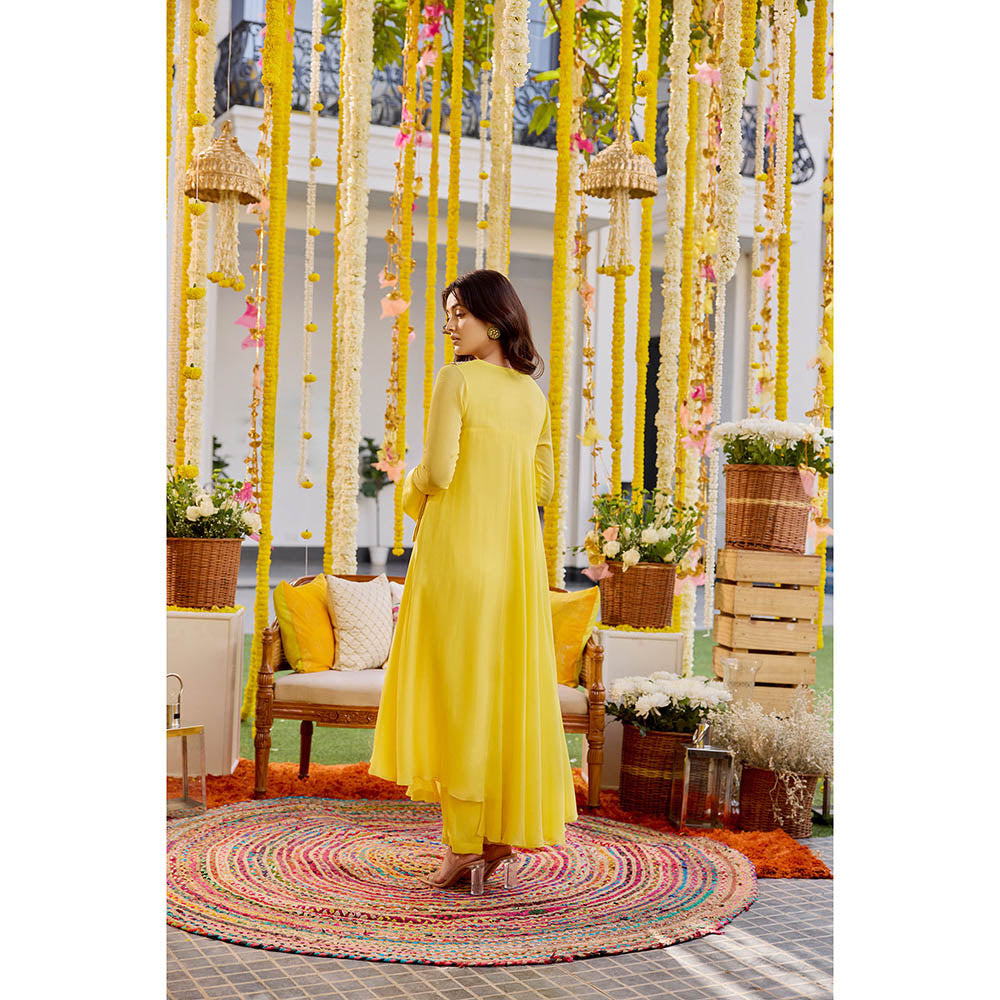 SANYA GULATI Sunshine Yellow Asymmetric Long Kurta with Pants (Set of 2)