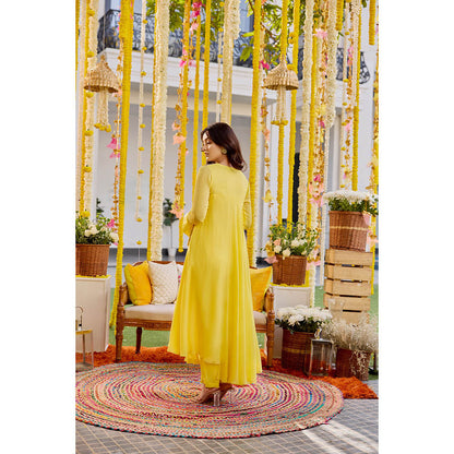 SANYA GULATI Sunshine Yellow Asymmetric Long Kurta with Pants (Set of 2)
