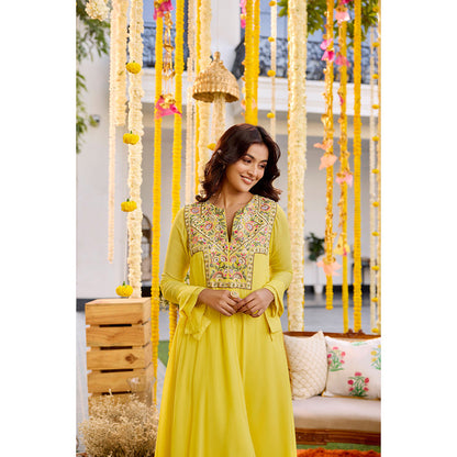SANYA GULATI Sunshine Yellow Asymmetric Long Kurta with Pants (Set of 2)