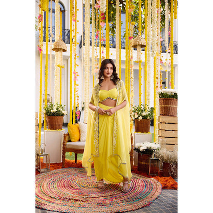 SANYA GULATI Sunshine Yellow Drape Stitched Blouse & Skirt with Cape (Set of 3)