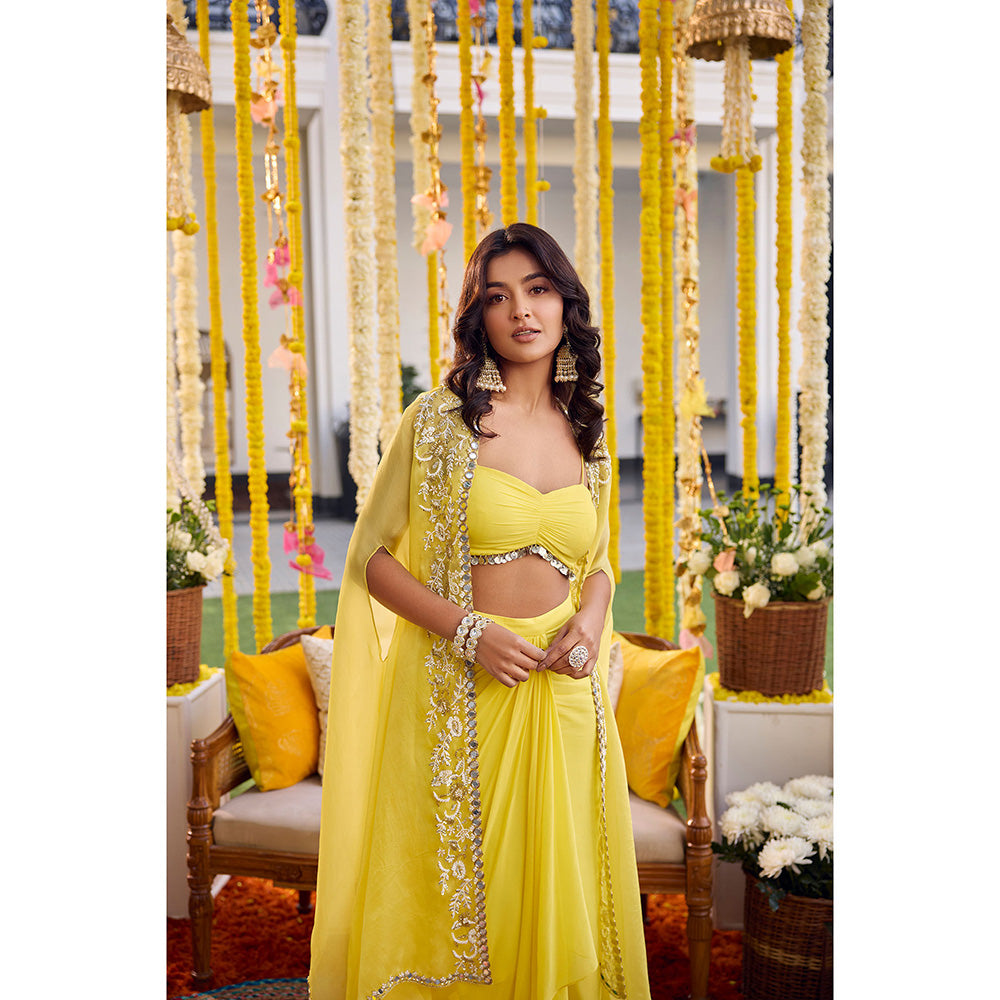 SANYA GULATI Sunshine Yellow Drape Stitched Blouse & Skirt with Cape (Set of 3)