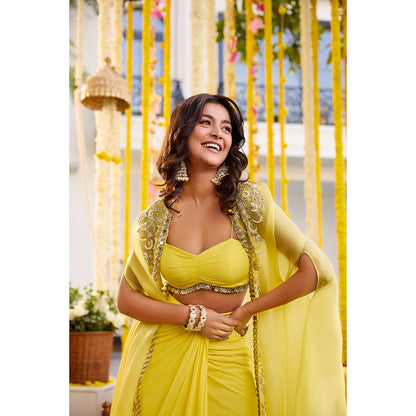SANYA GULATI Sunshine Yellow Drape Stitched Blouse & Skirt with Cape (Set of 3)