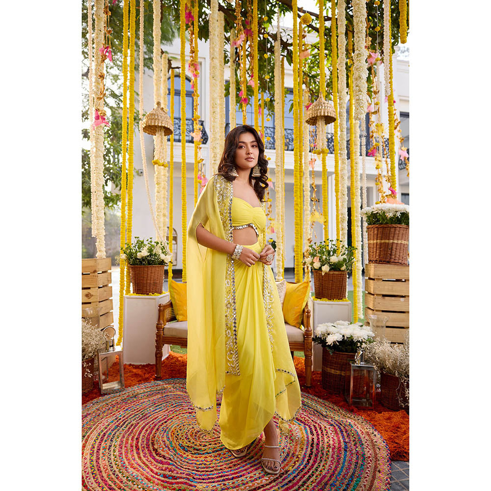 SANYA GULATI Sunshine Yellow Drape Stitched Blouse & Skirt with Cape (Set of 3)