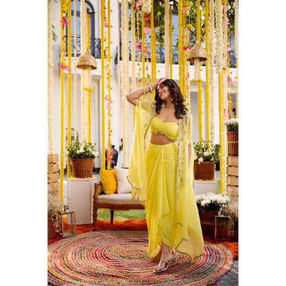 SANYA GULATI Sunshine Yellow Drape Stitched Blouse & Skirt with Cape (Set of 3)