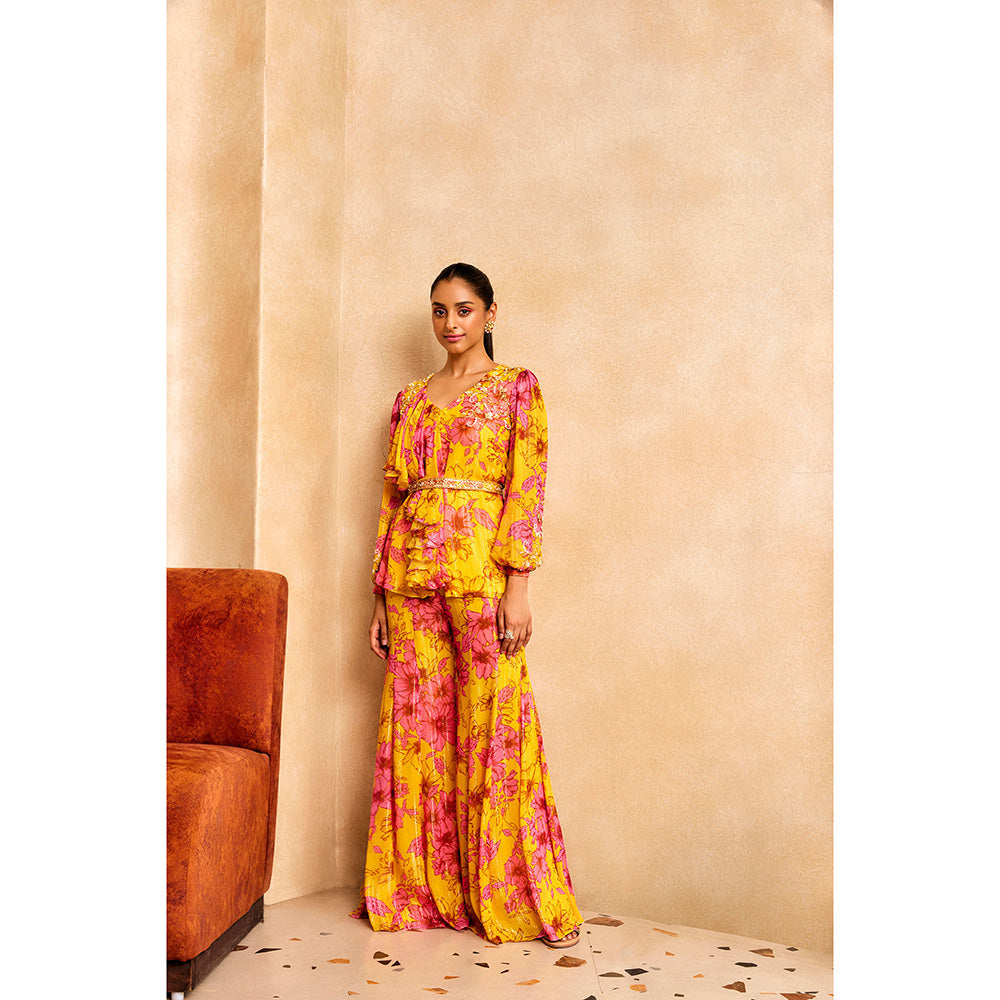 SANYA GULATI Yellow Floral Print Ruffle Tunic (Set of 2)