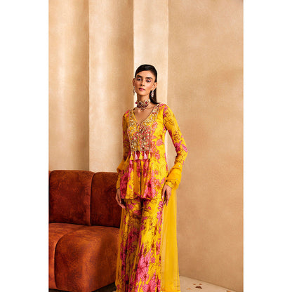 SANYA GULATI Yellow Floral Print A-Line Kurta & Sharara with Dupatta (Set of 3)