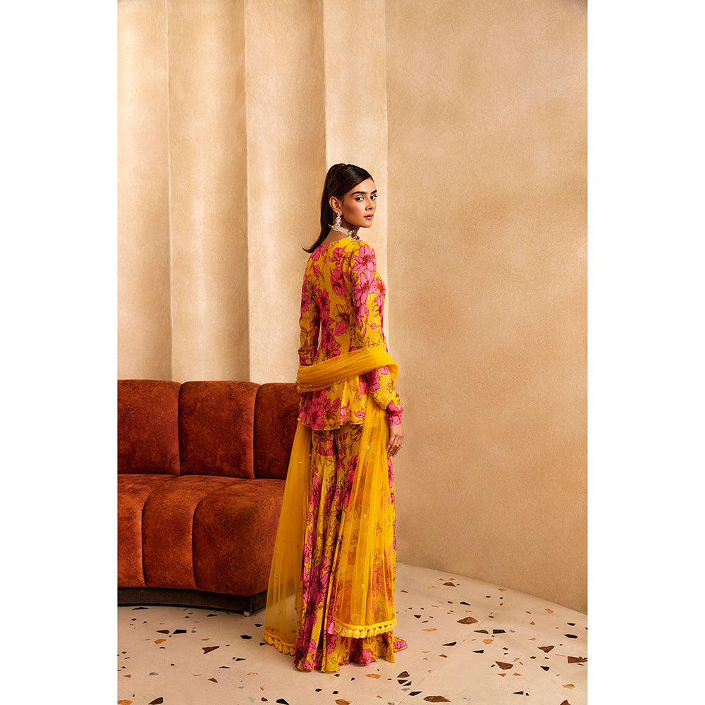 SANYA GULATI Yellow Floral Print A-Line Kurta & Sharara with Dupatta (Set of 3)