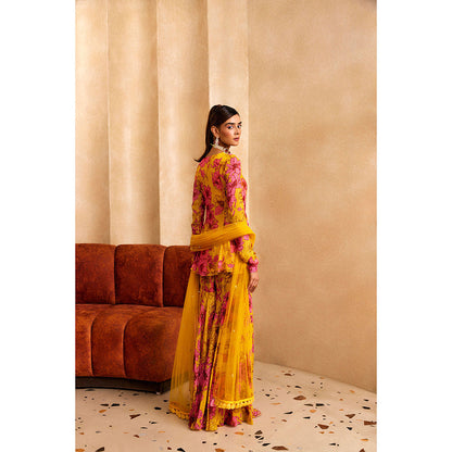 SANYA GULATI Yellow Floral Print A-Line Kurta & Sharara with Dupatta (Set of 3)