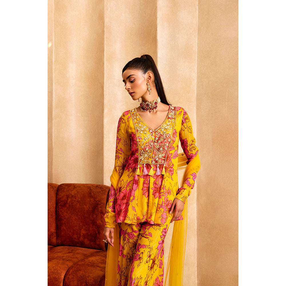 SANYA GULATI Yellow Floral Print A-Line Kurta & Sharara with Dupatta (Set of 3)