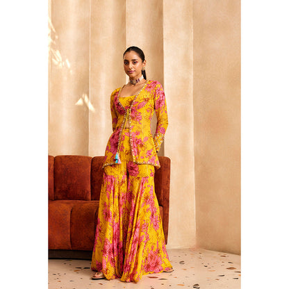 SANYA GULATI Yellow Print Short Jacket & Sharara with Stitched Blouse (Set of 3)