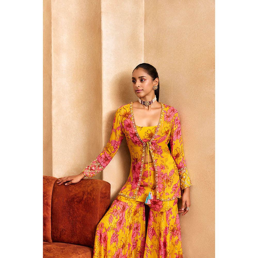 SANYA GULATI Yellow Print Short Jacket & Sharara with Stitched Blouse (Set of 3)