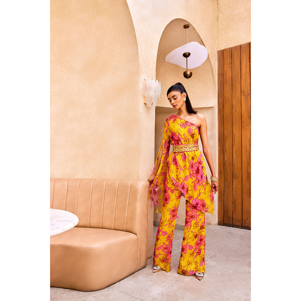 SANYA GULATI Yellow Floral Print One Shoulder Kurta Pants (Set of 3)