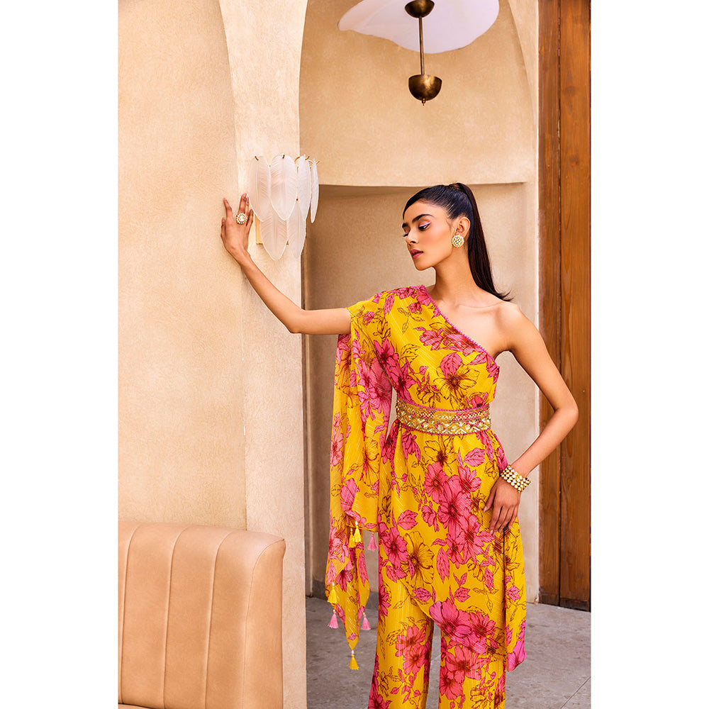 SANYA GULATI Yellow Floral Print One Shoulder Kurta Pants (Set of 3)