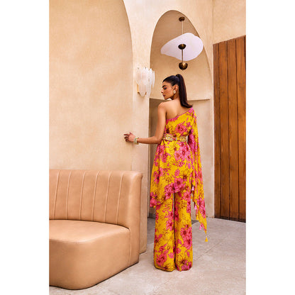 SANYA GULATI Yellow Floral Print One Shoulder Kurta Pants (Set of 3)