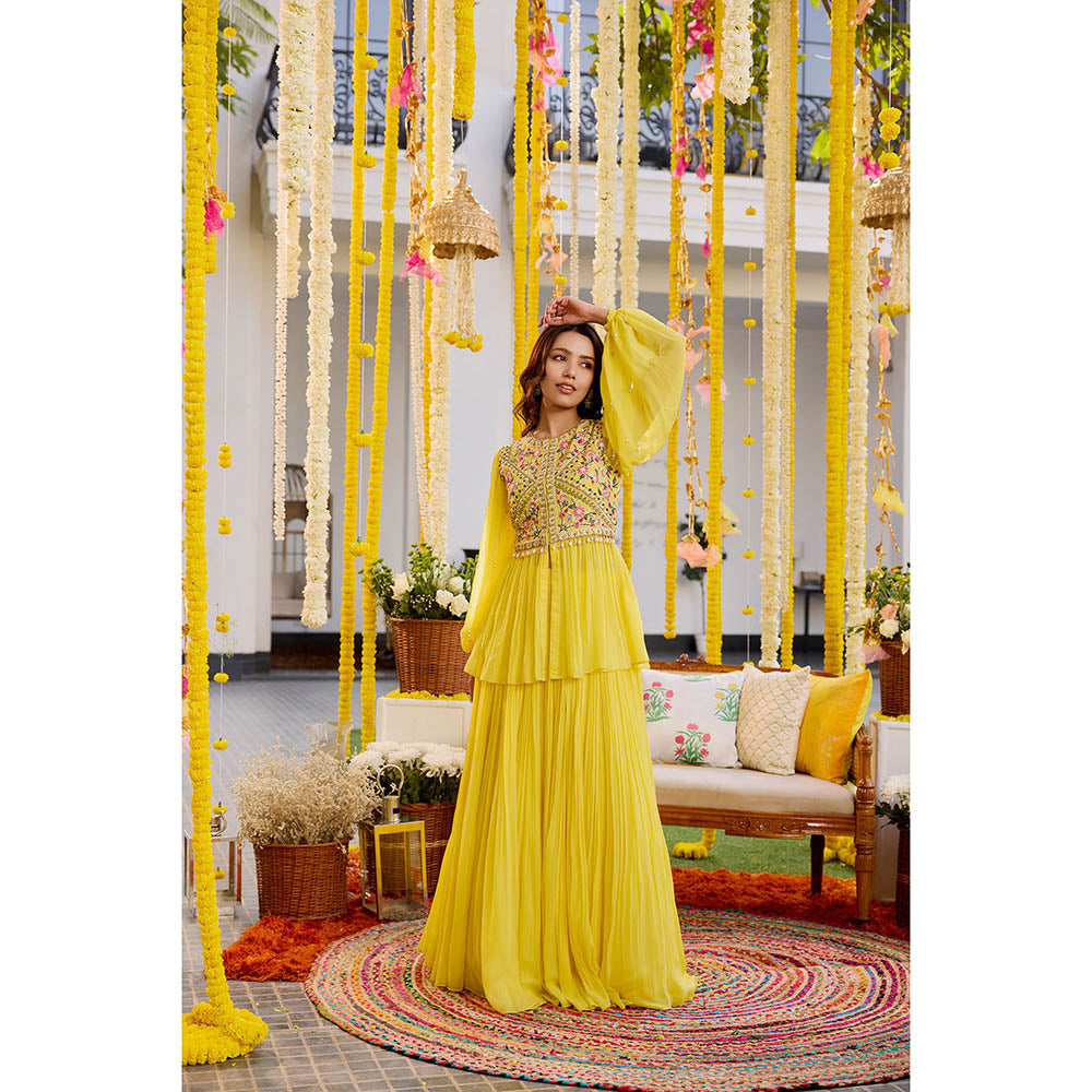 SANYA GULATI Sunshine Yellow Gathers Peplum Top with Skirt (Set of 2)