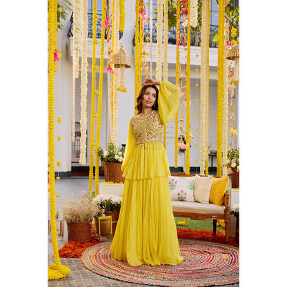 SANYA GULATI Sunshine Yellow Gathers Peplum Top with Skirt (Set of 2)