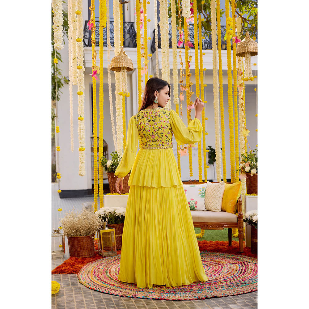 SANYA GULATI Sunshine Yellow Gathers Peplum Top with Skirt (Set of 2)