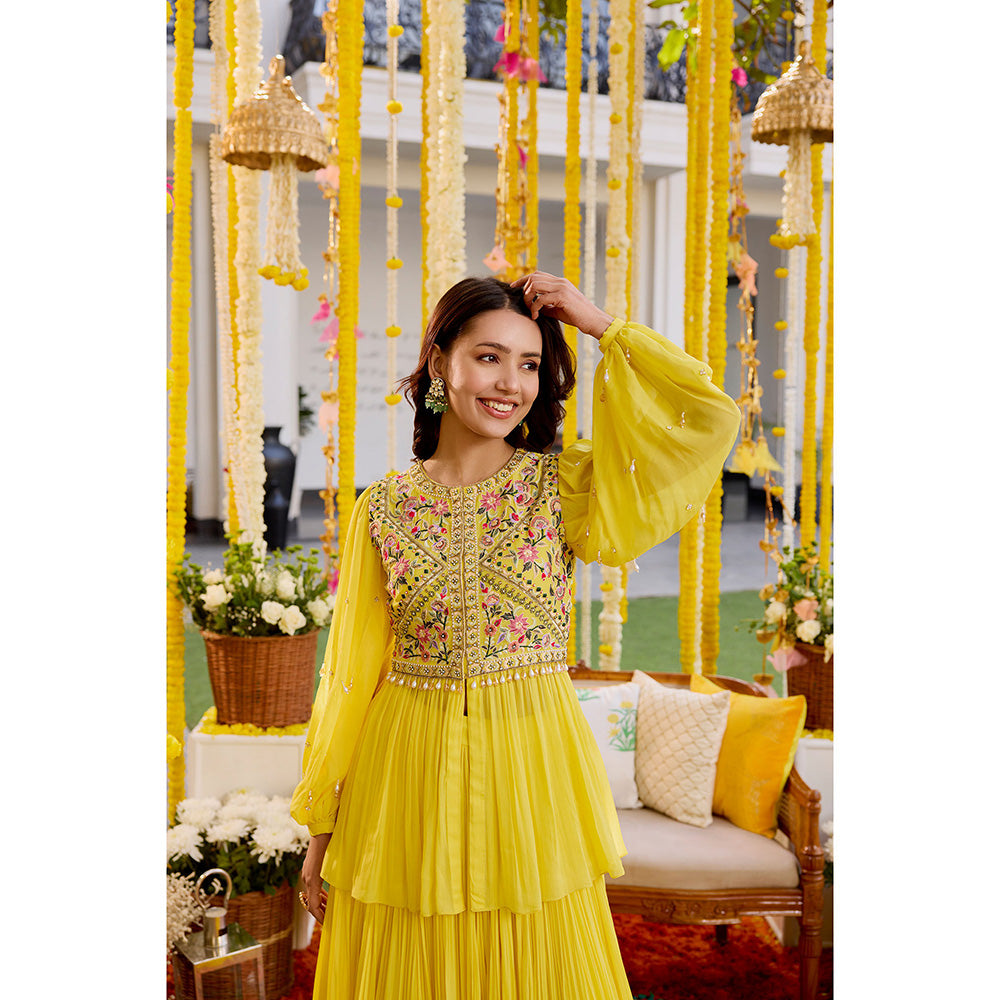 SANYA GULATI Sunshine Yellow Gathers Peplum Top with Skirt (Set of 2)