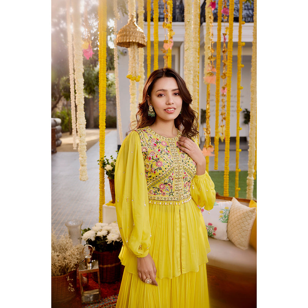 SANYA GULATI Sunshine Yellow Gathers Peplum Top with Skirt (Set of 2)