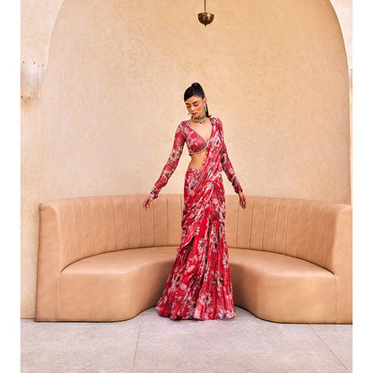 SANYA GULATI Pink Floral Print Ruffle Saree with Stitched Blouse