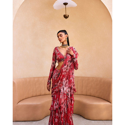SANYA GULATI Pink Floral Print Ruffle Saree with Stitched Blouse