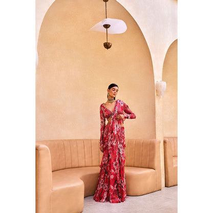 SANYA GULATI Pink Floral Print Ruffle Saree with Stitched Blouse