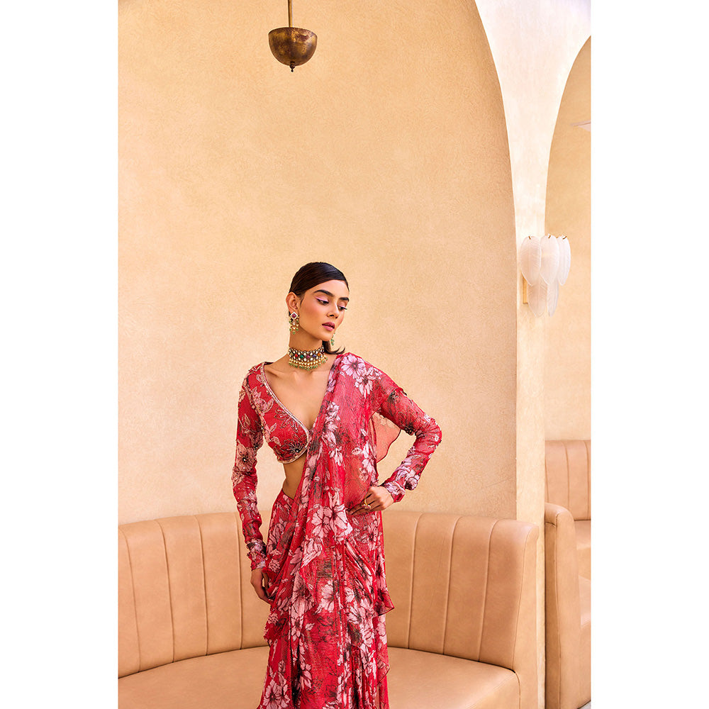SANYA GULATI Pink Floral Print Ruffle Saree with Stitched Blouse
