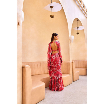 SANYA GULATI Pink Floral Print Ruffle Saree with Stitched Blouse