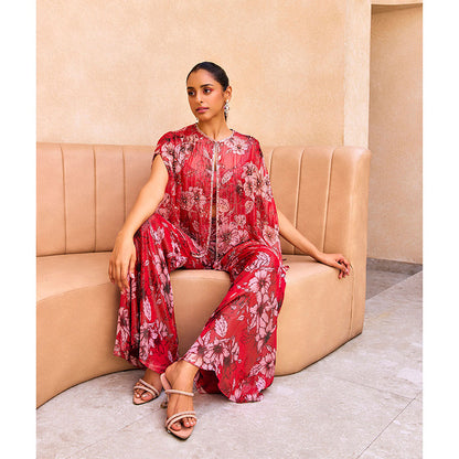 SANYA GULATI Pink Floral Print Cape & Pant Co-Ord (Set of 3)