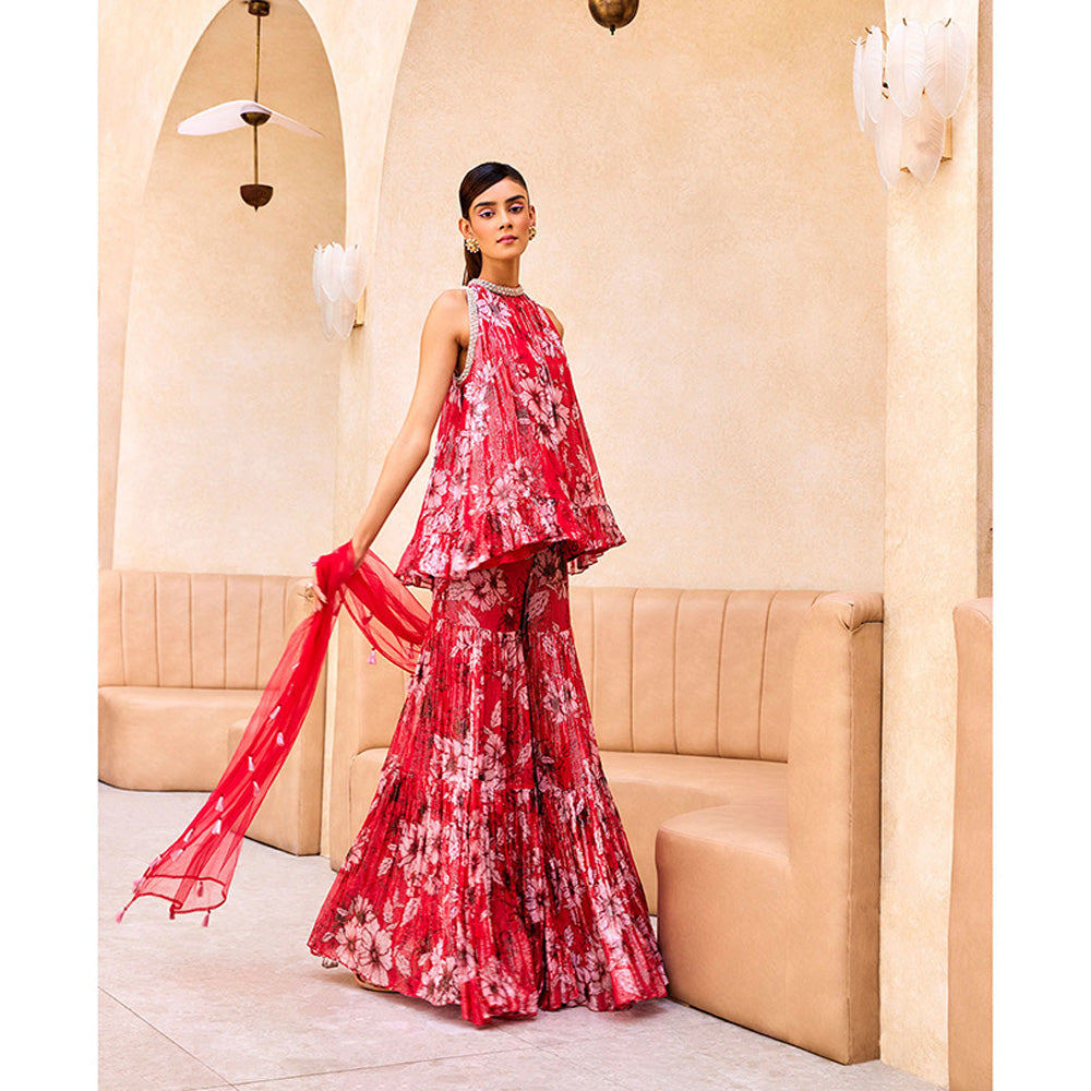 SANYA GULATI Pink Print Ruffle Tunic & Sharara with Dupatta (Set of 3)