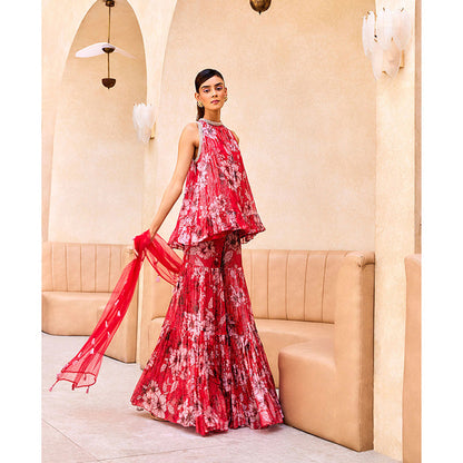 SANYA GULATI Pink Print Ruffle Tunic & Sharara with Dupatta (Set of 3)