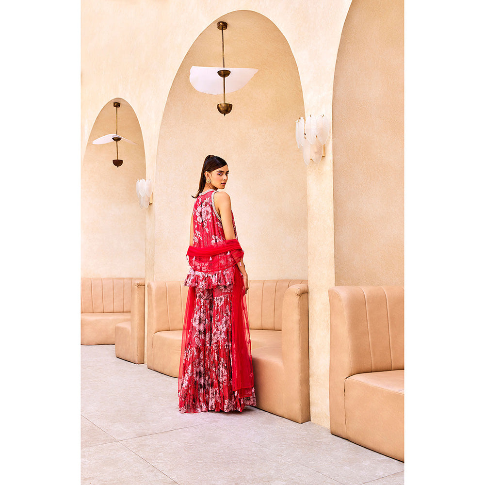 SANYA GULATI Pink Print Ruffle Tunic & Sharara with Dupatta (Set of 3)