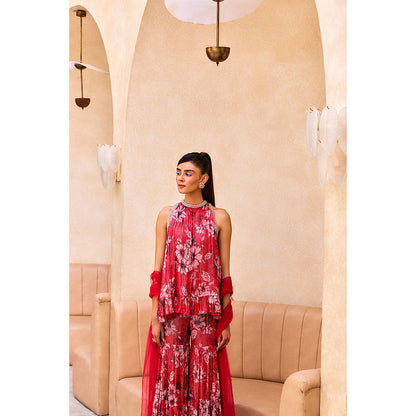 SANYA GULATI Pink Print Ruffle Tunic & Sharara with Dupatta (Set of 3)