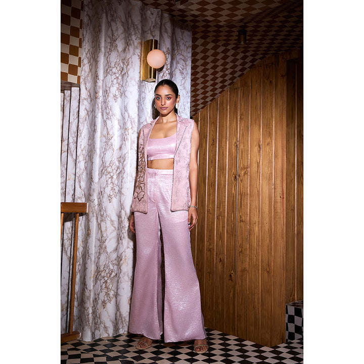 SANYA GULATI Pink Jacquard Jacket with Stitched Blouse & Pants (Set of 3)