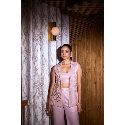 SANYA GULATI Pink Jacquard Jacket with Stitched Blouse & Pants (Set of 3)