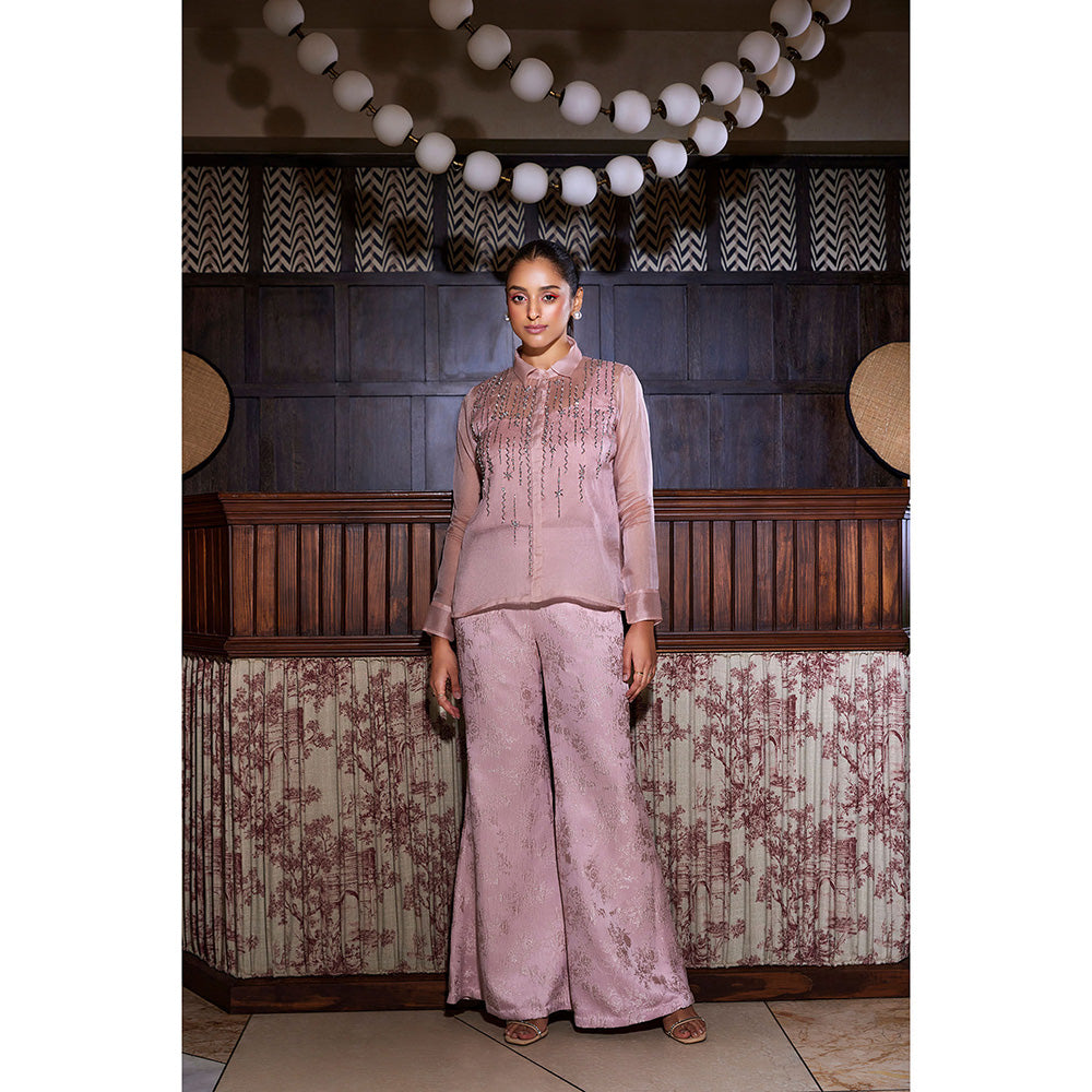 SANYA GULATI Pink Organza Shirt with Jacquard Pants (Set of 2)